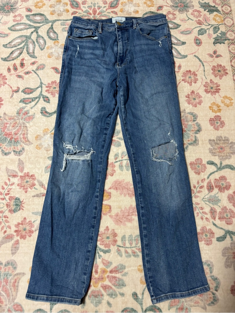 Frame Denim Sylvie Straight Distressed Straight-Leg Jeans in Medium Blue